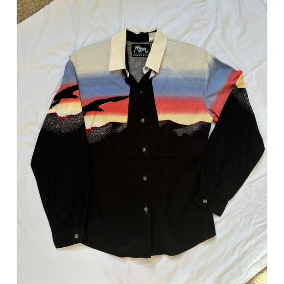 Rare Vintage Roper Rodeo Blue Sunset Bird Black Button Down Women’s Shirt - Picture 1 of 5